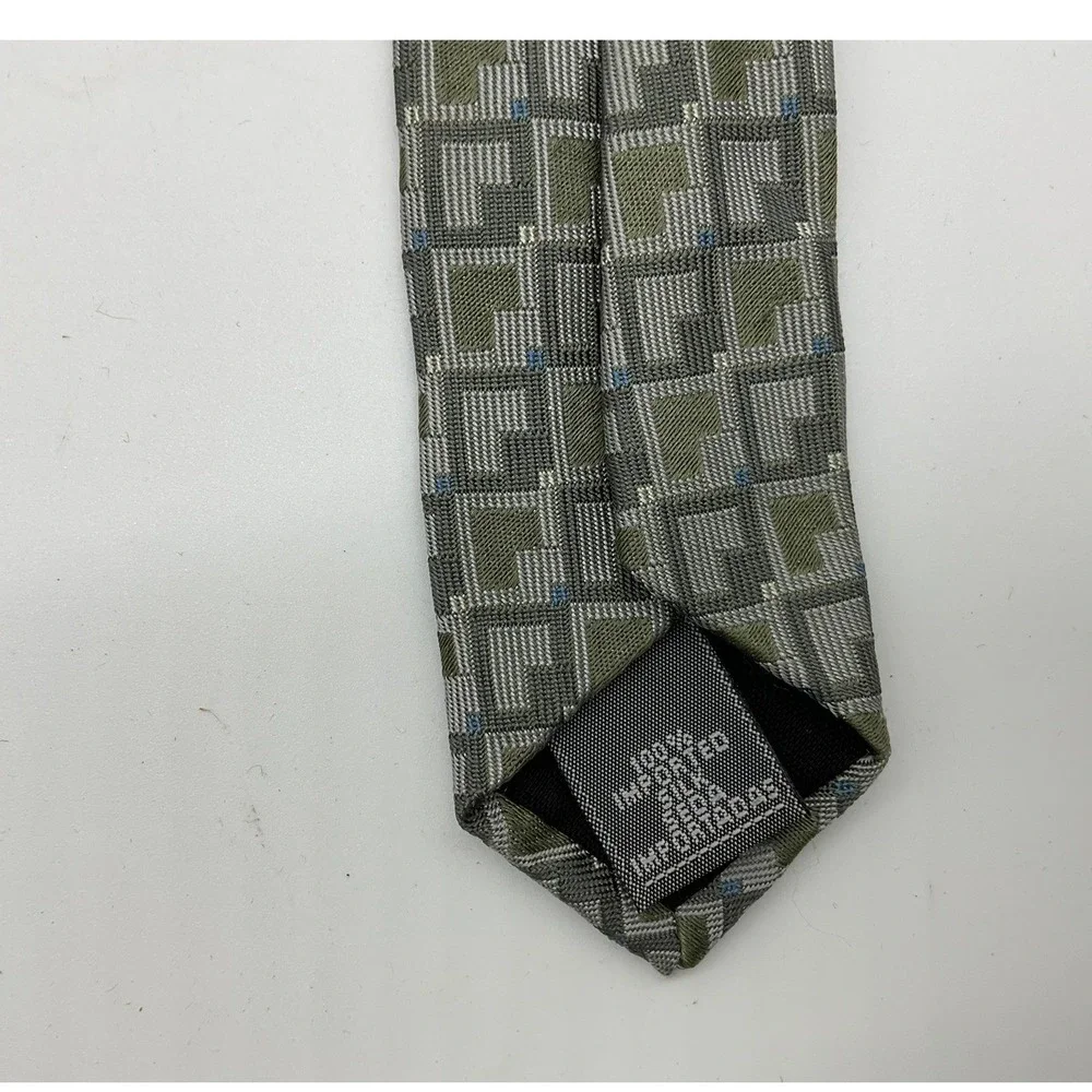 Stafford Necktie Mens Olive Green Grey Geometric Silk Classic Formal Accessory